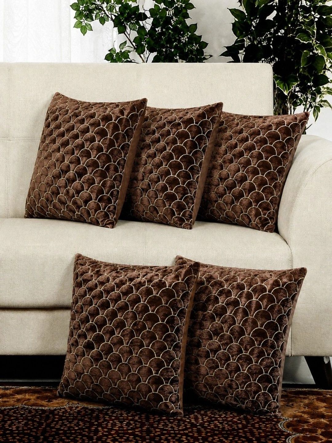 LOFEY Brown Set of 5 Geometric Velvet Square Cushion Covers-image-32