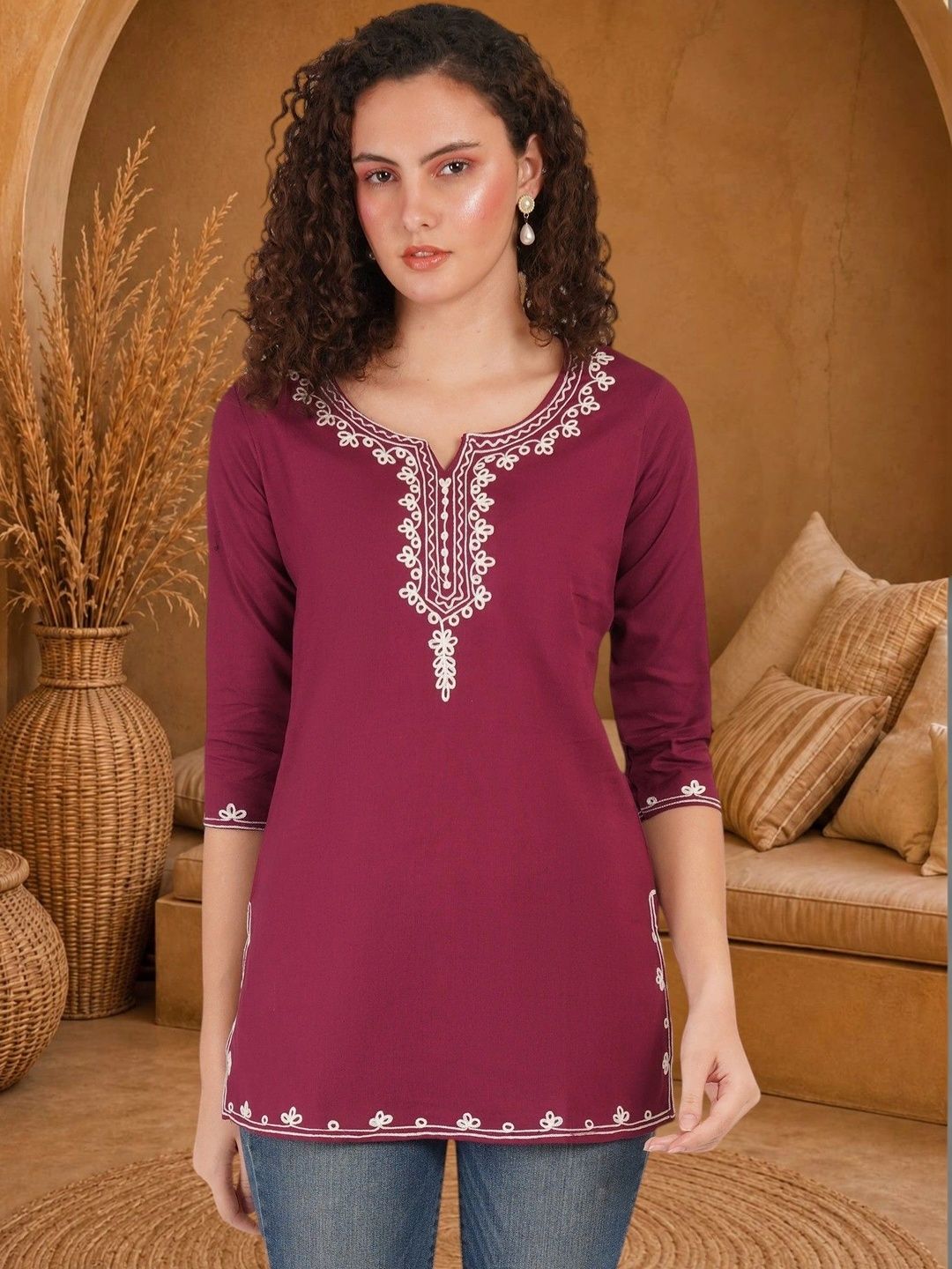 Anouk Rustic Embroidered V-Neck Thread Work Pure Cotton Blend Khadi Thread Work Kurti-picture-28