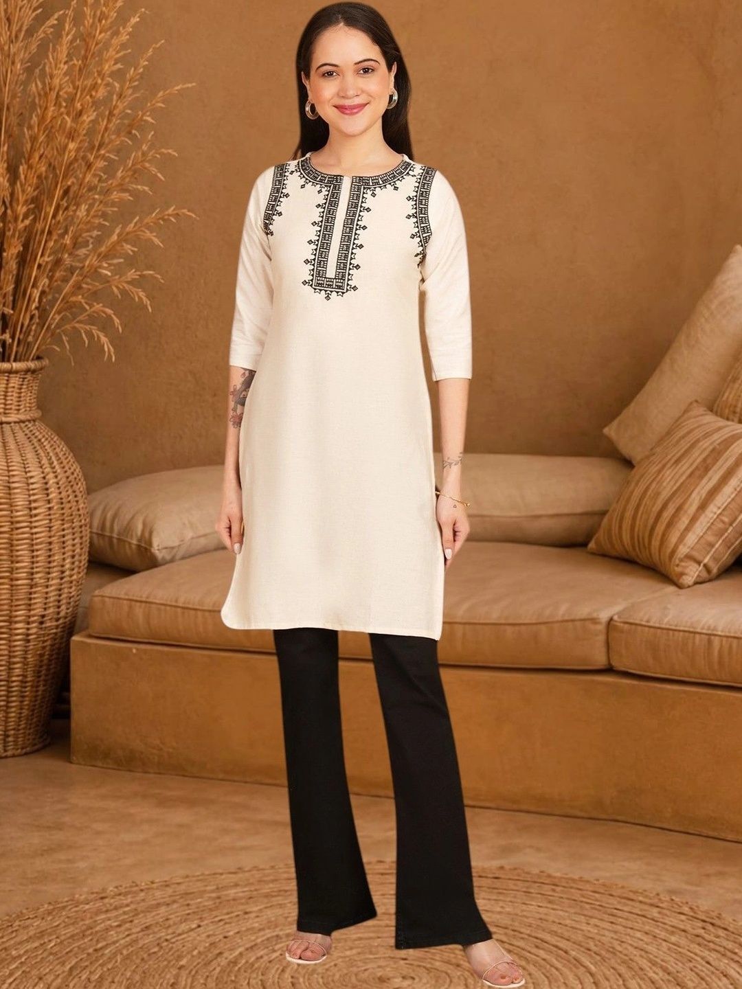 Anouk Rustic Ethnic Motifs Embroidered Thread Work Pure Cotton Blend Khadi Thread Work Kurti-picture-50