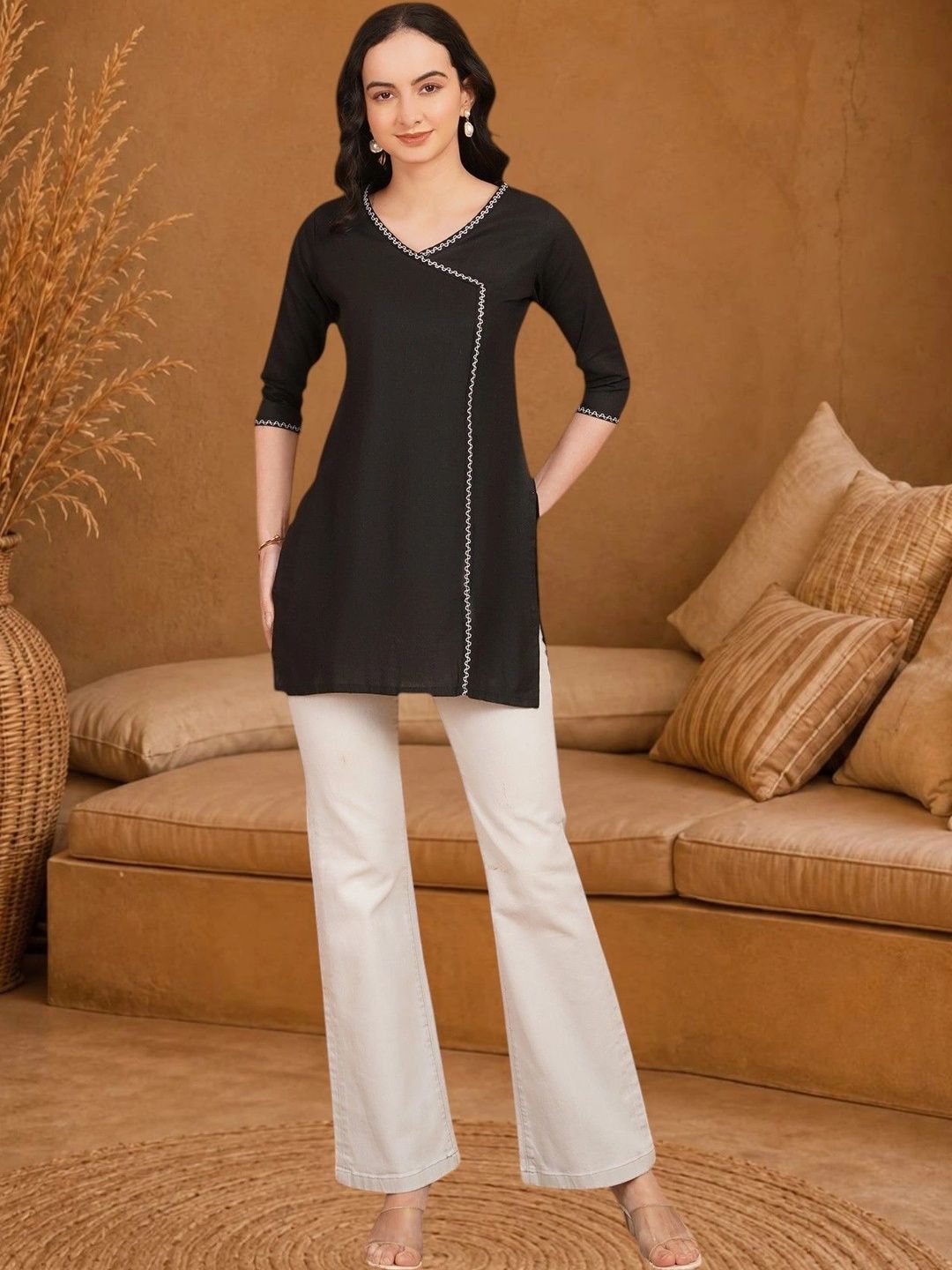 Anouk Rustic Embroidered V-Neck Pure Cotton Blend Khadi Kurti-picture-21