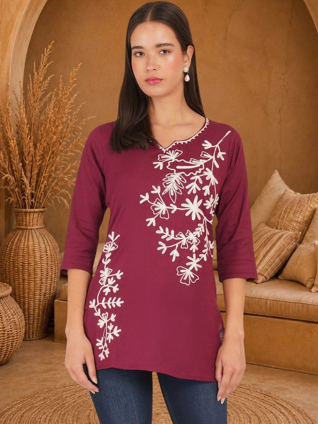 Anouk Rustic Floral Embroidered V-Neck Pure Cotton Blend Khadi Kurti-picture-25