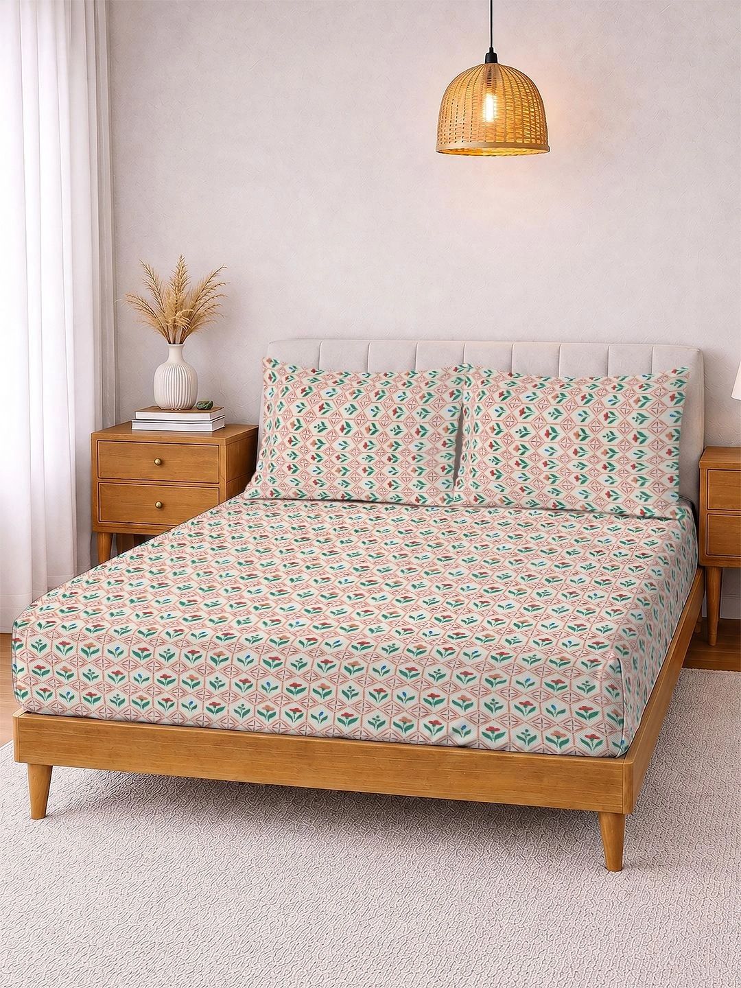 KLOTTHE Cream-Coloured & Green Floral 300 TC King Bedsheet with 2 Pillow Covers-picture-25