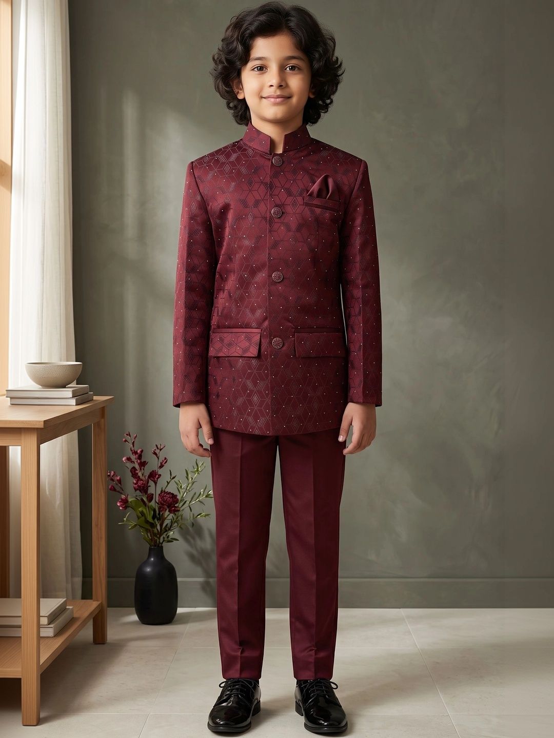 ahhaaaa Boys Embroidered Mandarin Collar Bandhgala Jodhpuri Sherwani Set-picture-12