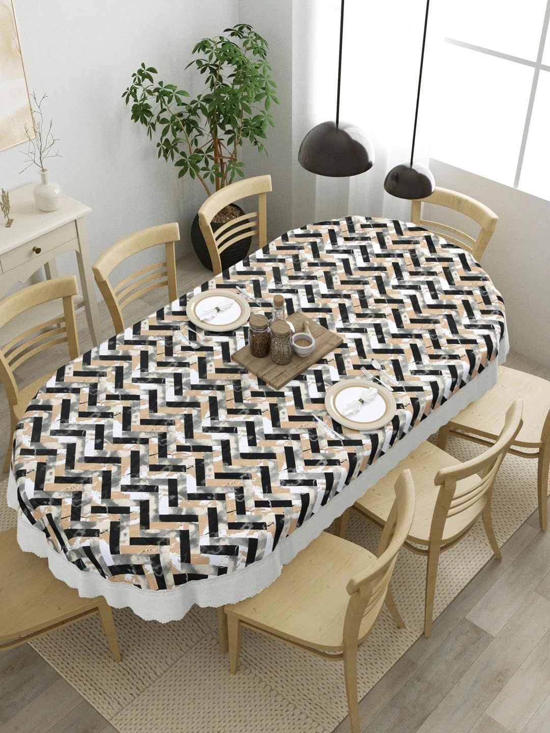 Myntra Elegant Homes Beige Geometric Printed Waterproof Oval 6-Seater Table Cover-picture-16