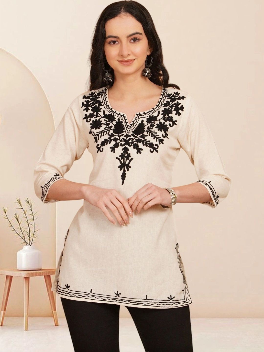 KALAMIR Ethnic Motifs Embroidered V-Neck Pure Cotton Blend Khadi Kurti-picture-57
