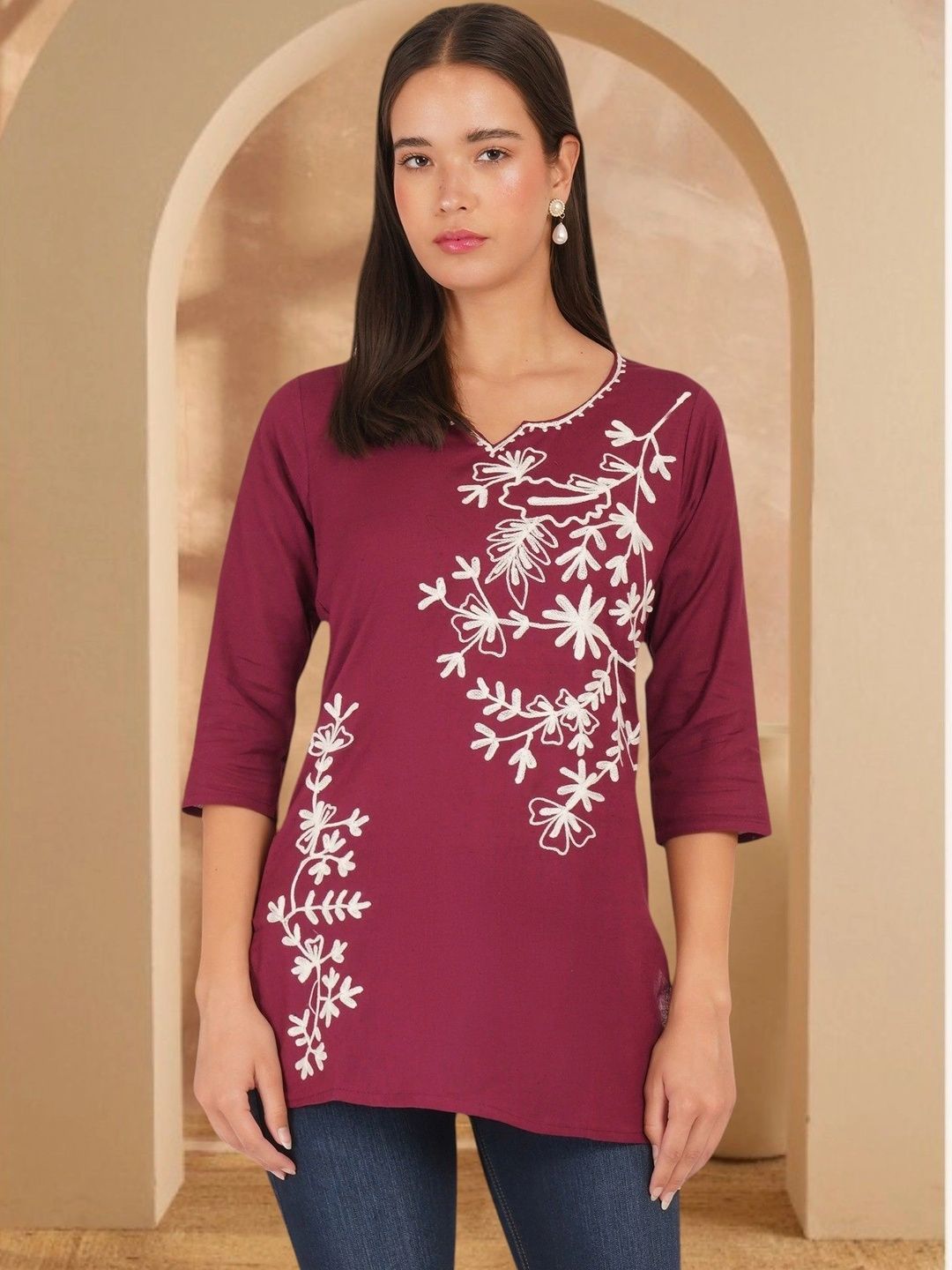 Anouk Rustic Floral Embroidered V-Neck Pure Cotton Blend Khadi Kurti-picture-22