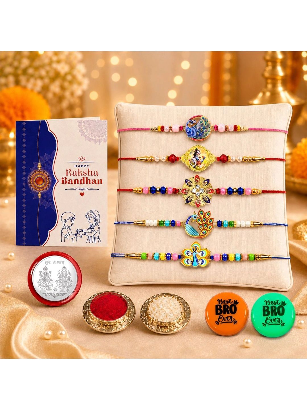 DeoDap Set Of 10 Rakhi Gift Set With Silver Coin & Roli Chawal-picture-13