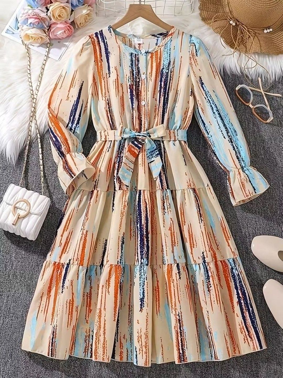 White World Print Ruffled A-Line Midi Dress-image-16