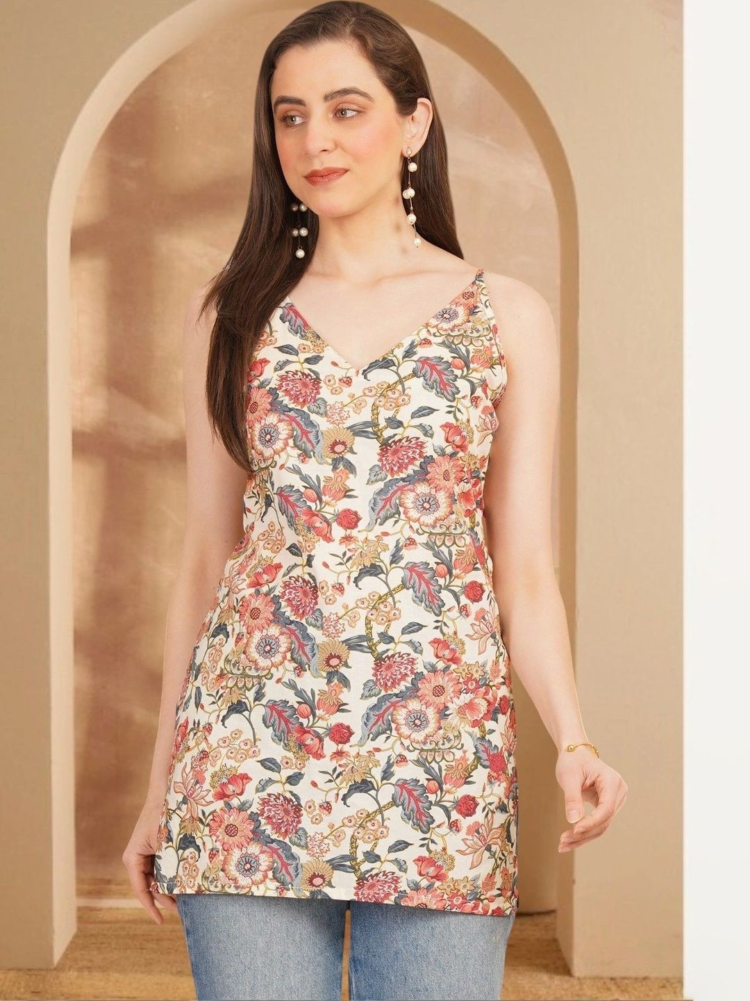 Anouk Rustic Floral Printed V-Neck Pure Cotton Blend Khadi Kurti-picture-23