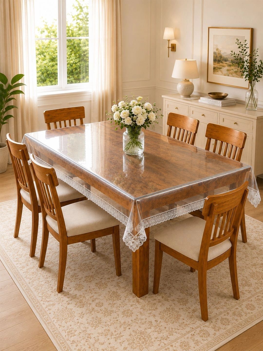 Myntra Elegant Homes Silver-Toned Waterproof 6-Seater Table Cover with Embellished details-picture-32