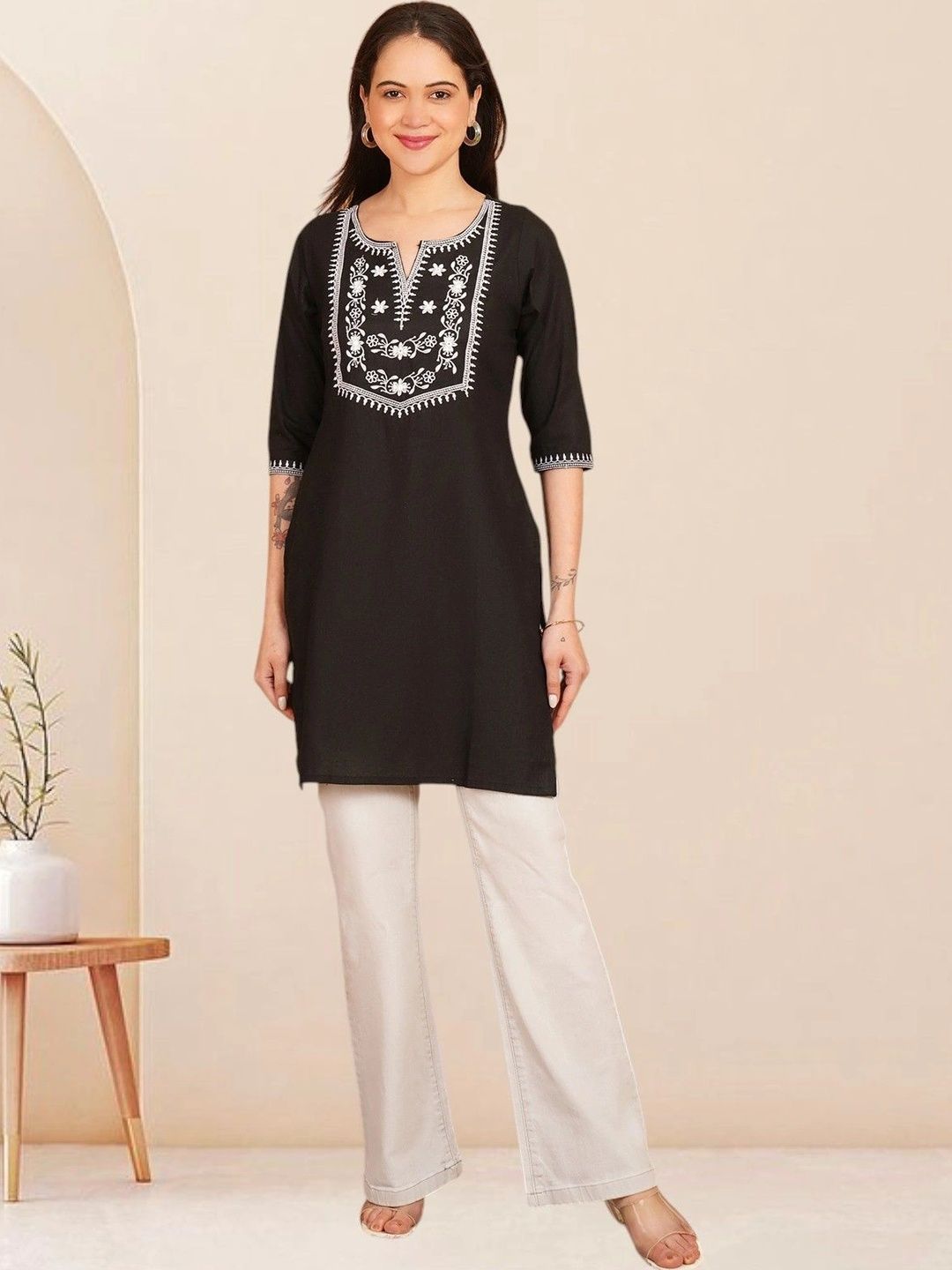 KALAMIR Ethnic Motifs Embroidered V-Neck Thread Work Pure Cotton Blend Khadi Thread Work Kurti-picture-10