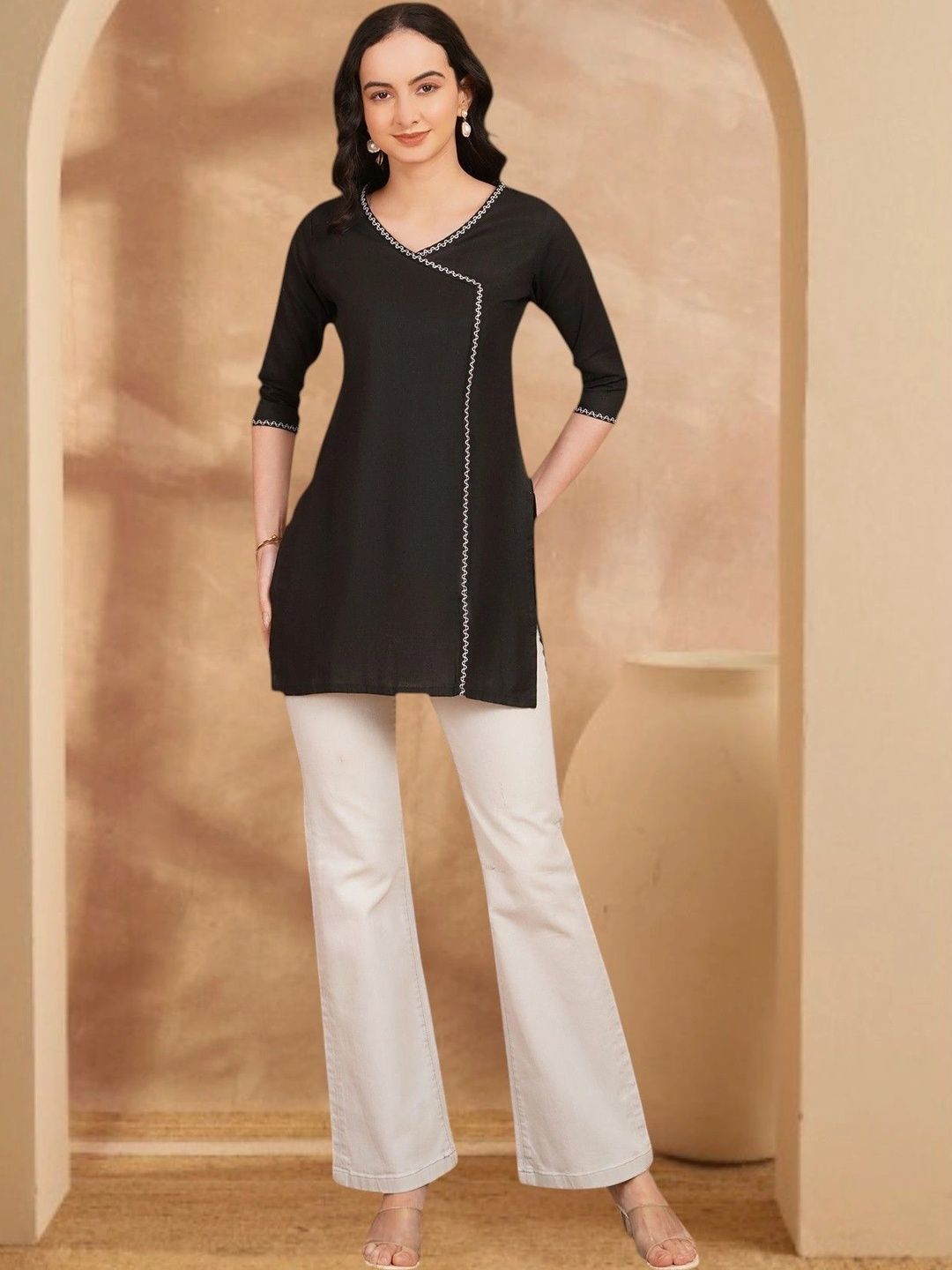 Anouk Rustic V-Neck Pure Cotton Blend Khadi Angrakha Kurti-picture-22
