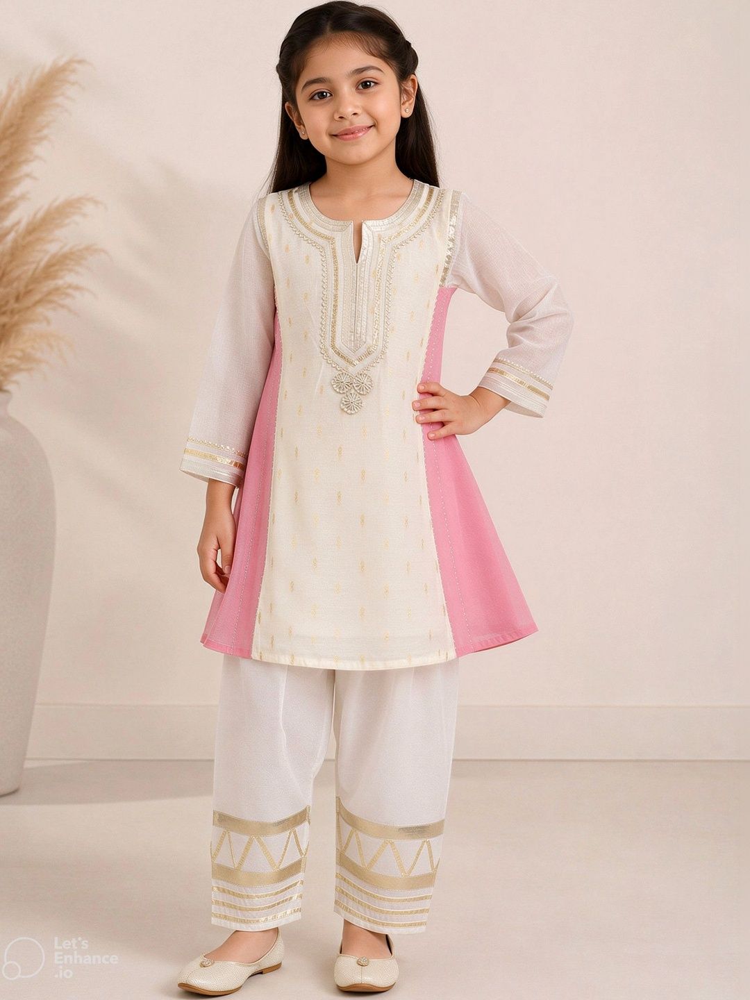 Bitiya by Bhama Girls Ethnic Motifs Regular Thread Work Chanderi Cotton Kurti with Palazzos-picture-56