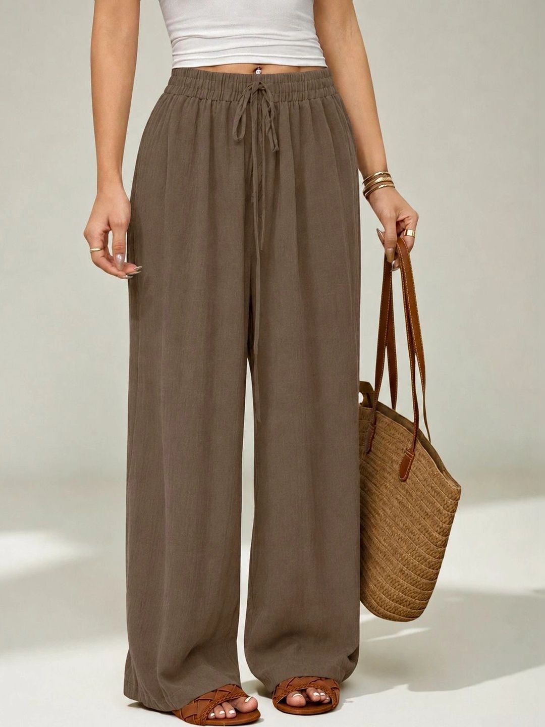 SAKHWALA Women Relaxed Straight Leg Loose Fit High-Rise Wrinkle Free Trousers-picture-20