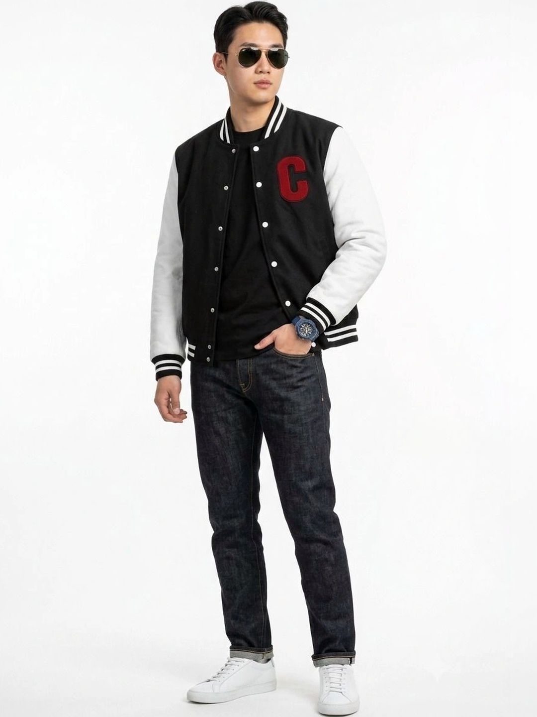 oiin Men Brand Logo Colourblocked Fleece Blend Varsity Jacket-picture-31