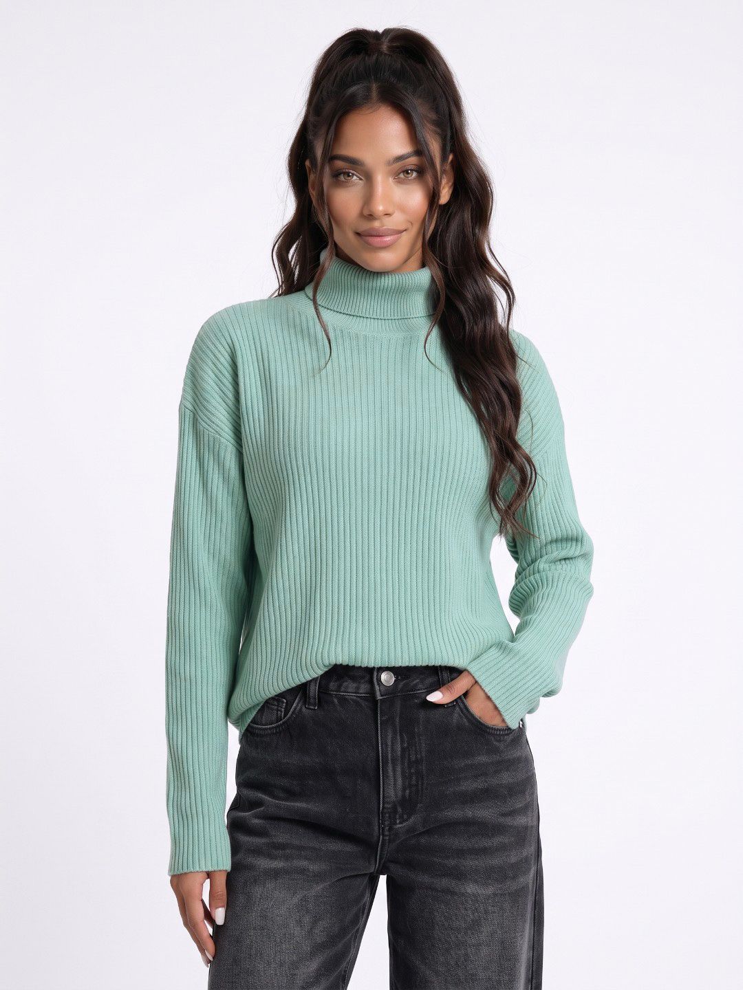 glitchez Turtle Neck Ribbed Relaxed Fit Pullover Sweater-picture-38
