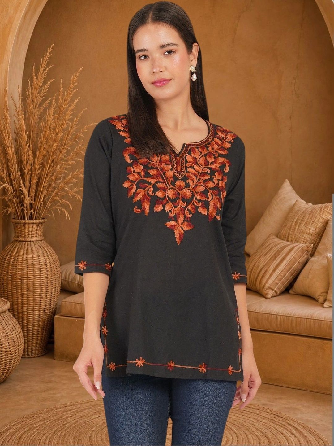 Anouk Rustic Ethnic Motifs Embroidered V-Neck Pure Cotton Blend Khadi Kurti-picture-21