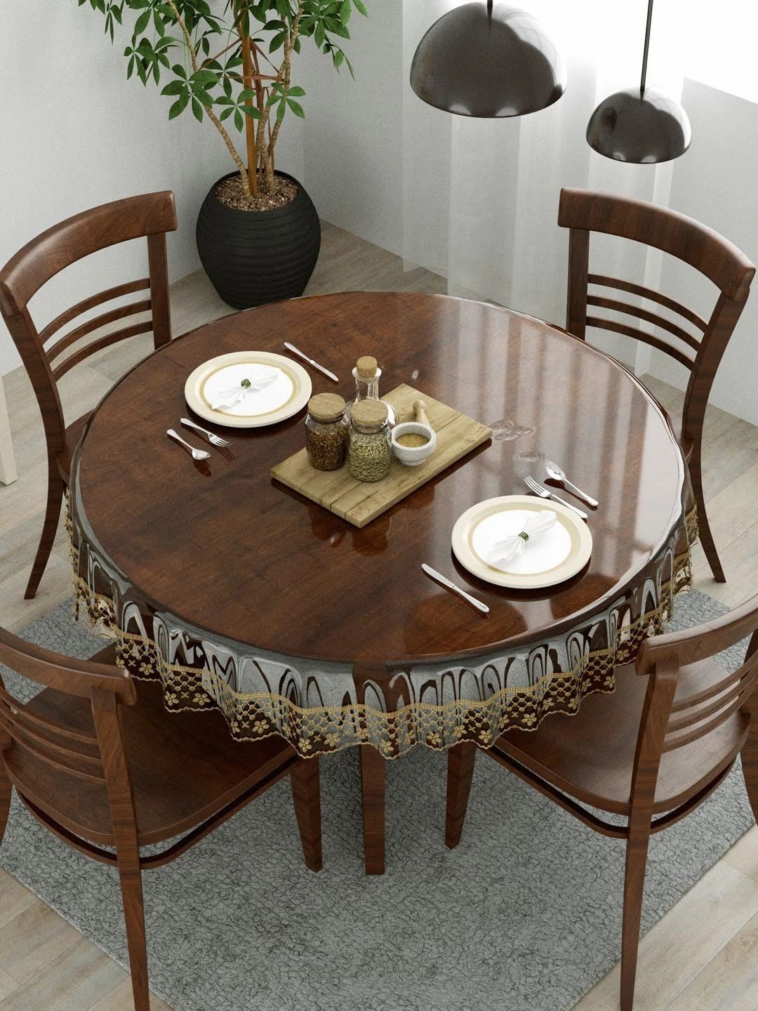 Aura Gold-Toned Floral Waterproof Round 4-Seater Table Cover with Embellished details-picture-32