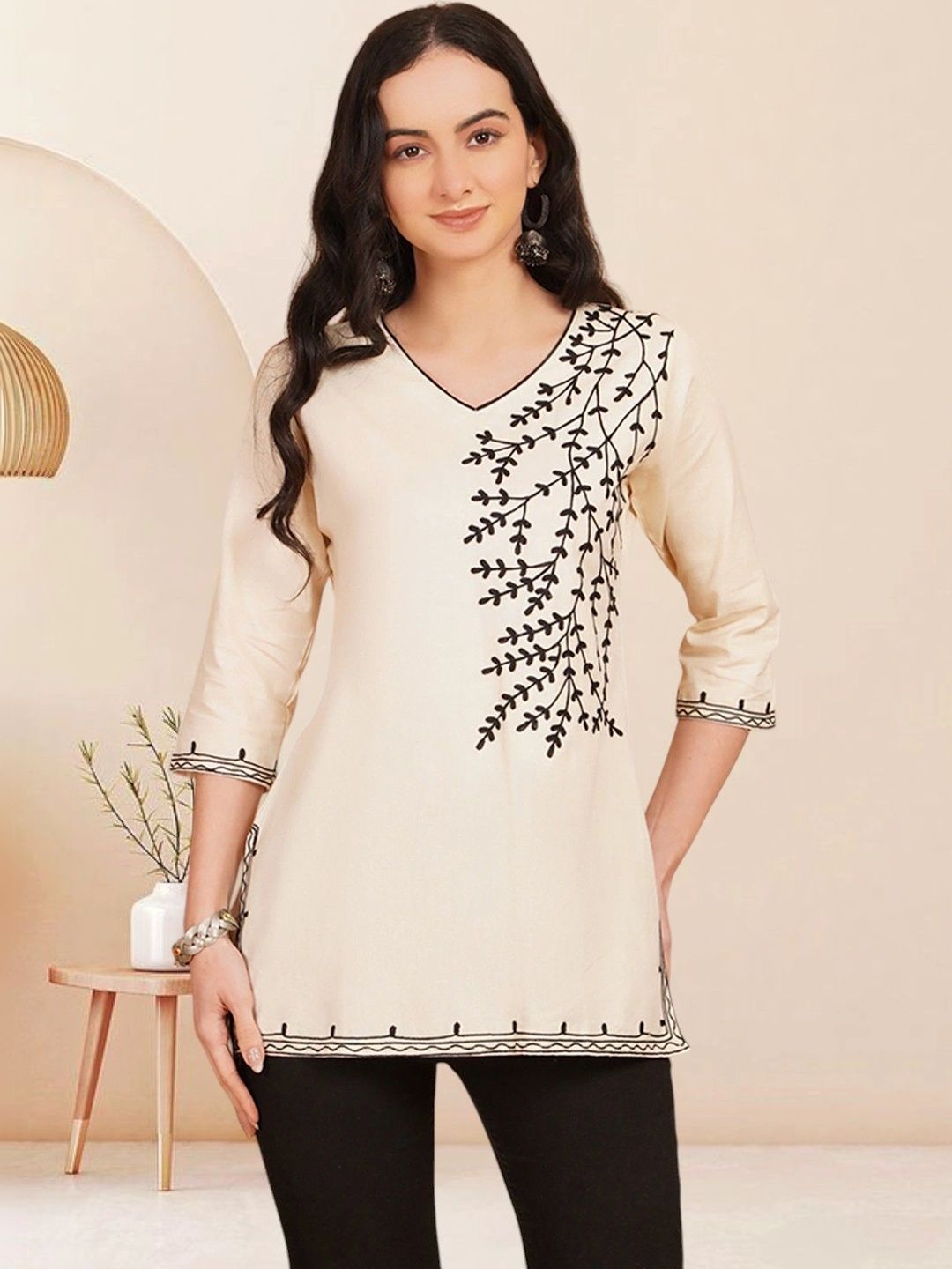 KALAMIR Ethnic Motifs Embroidered V-Neck Thread Work Pure Cotton Blend Khadi Thread Work Kurti-picture-39