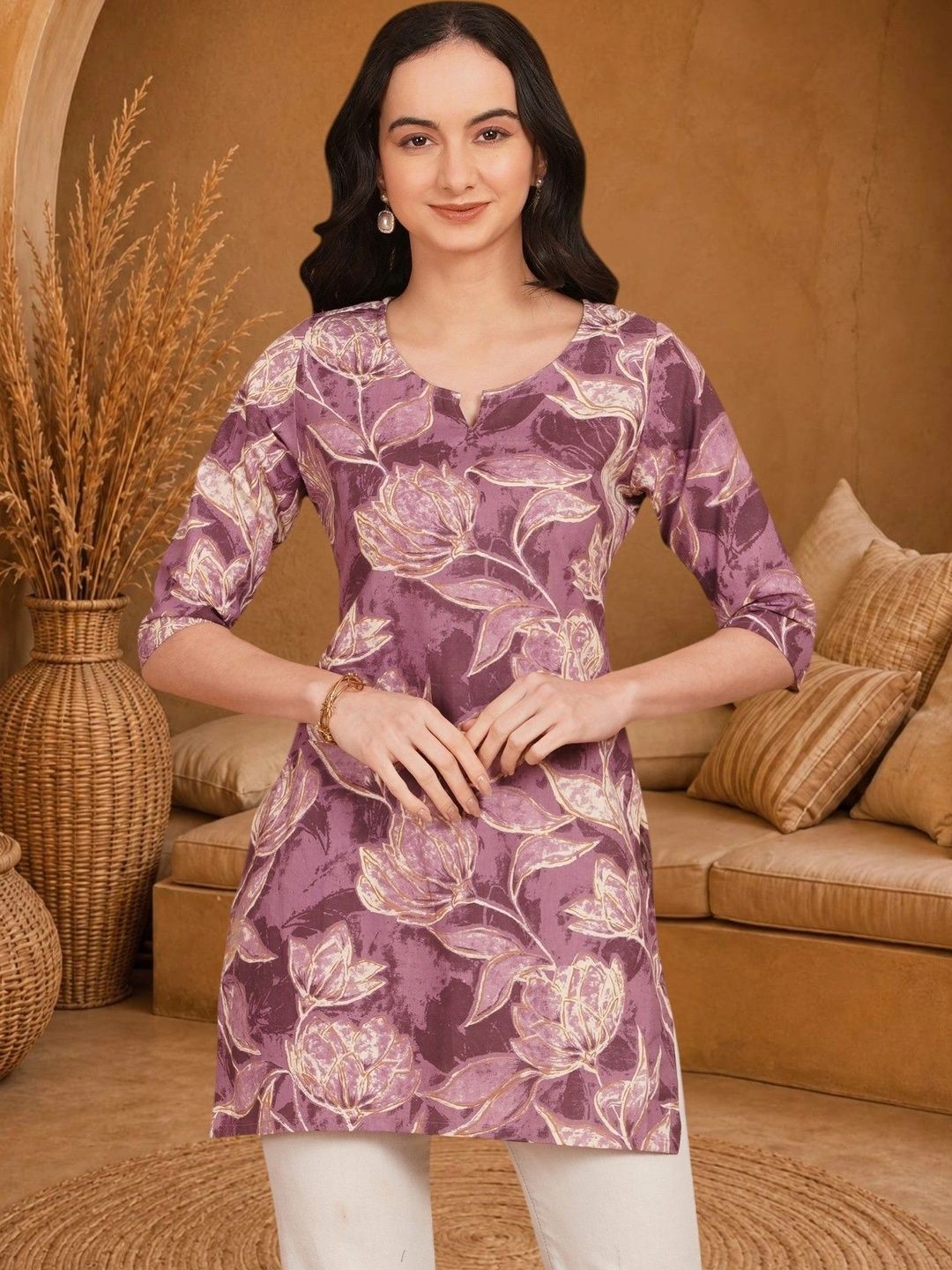 Anouk Rustic Floral Printed V-Neck Pure Cotton Blend Khadi Kurti-picture-24