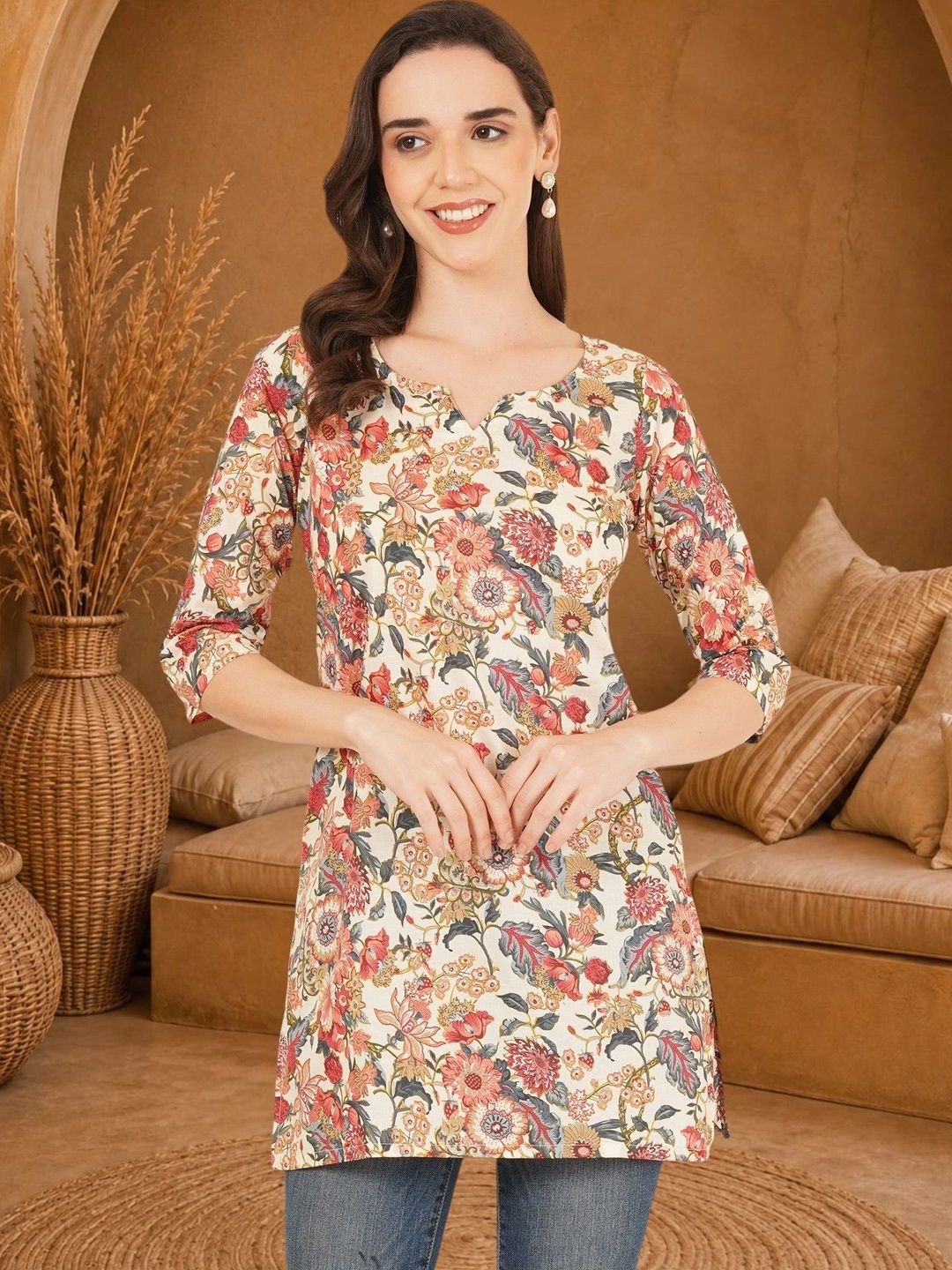 Anouk Rustic Floral Printed V-Neck Pure Cotton Blend Khadi Kurti-picture-32