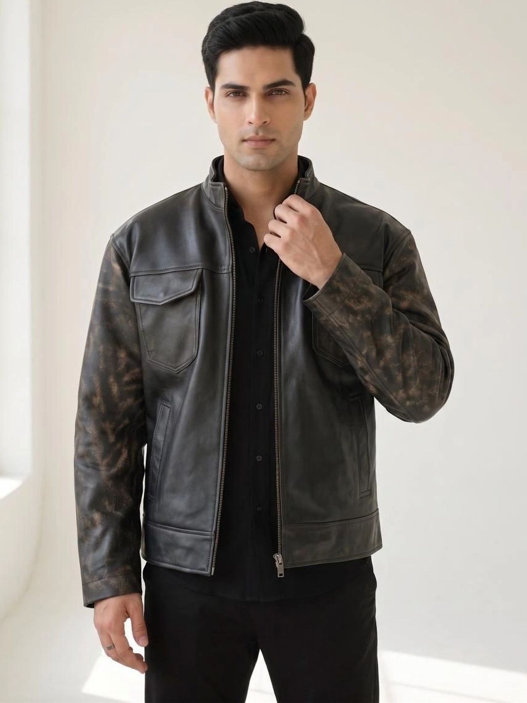 Mark Styling Men Washed Leather Leather Jacket-picture-32