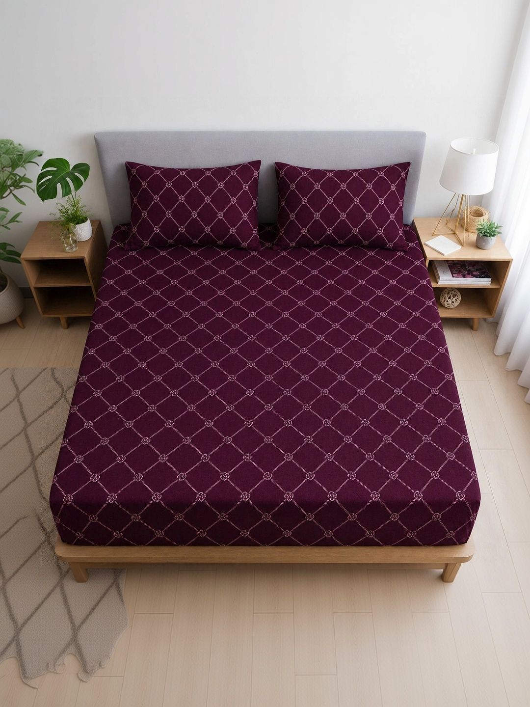 BLUEDOT Red Geometric 350 TC King Bedsheet with 2 Pillow Covers-picture-5