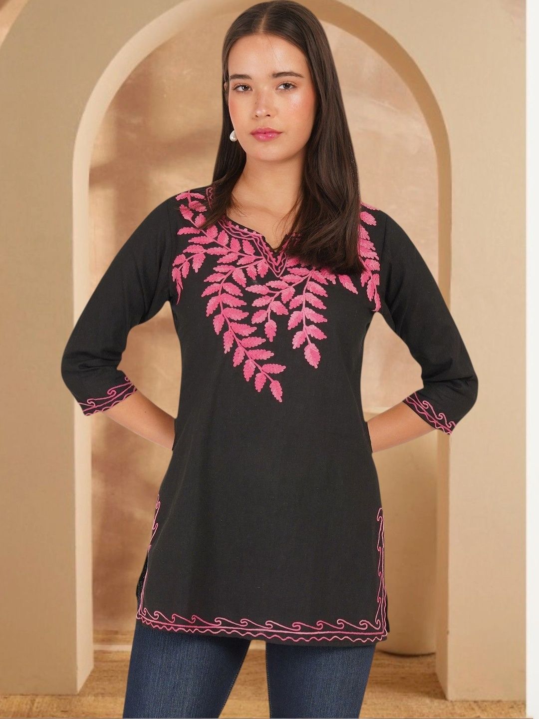 Anouk Rustic Botanical Embroidered V-Neck Thread Work Pure Cotton Blend Khadi Thread Work Kurti-picture-11