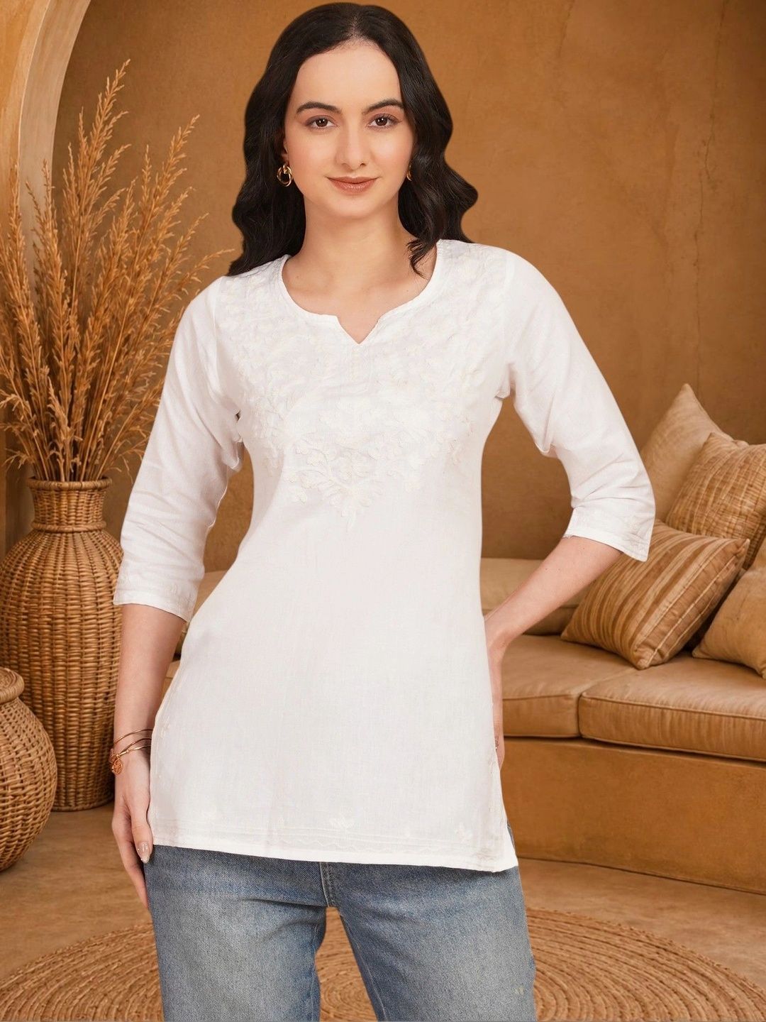 Anouk Rustic Ethnic Motifs Embroidered V-Neck Chikankari Pure Cotton Blend Khadi Chikankari Kurti-image-13