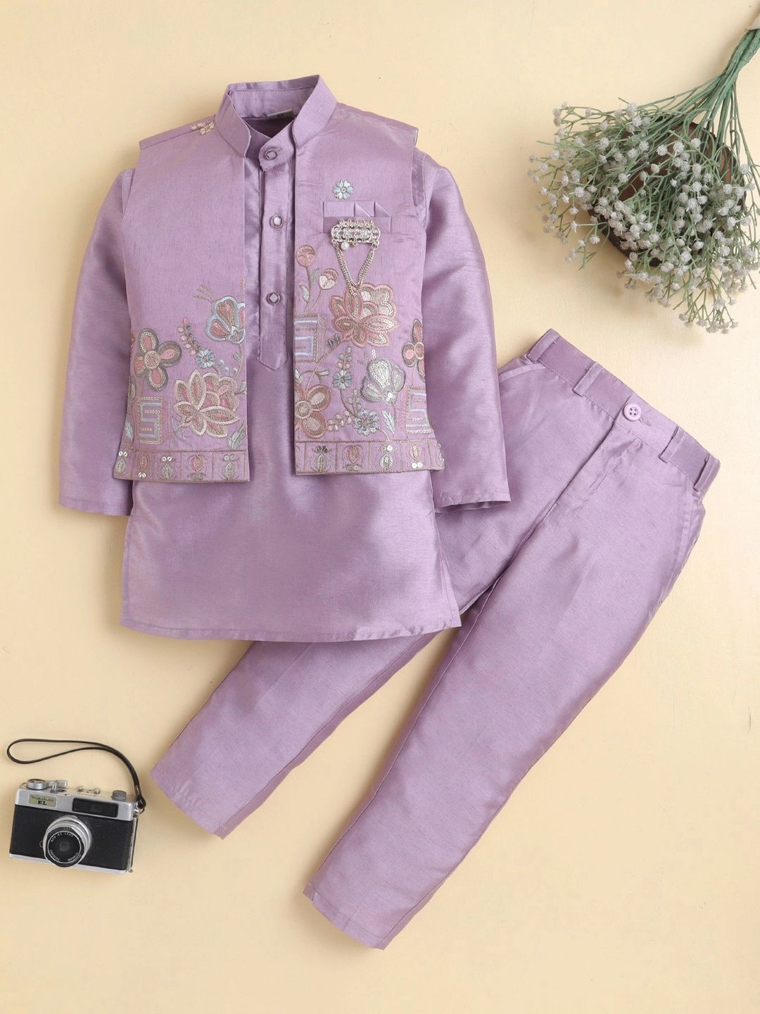 KALINI Boys Floral Embroidered Regular Sequinned Kurta with Trousers-image-14