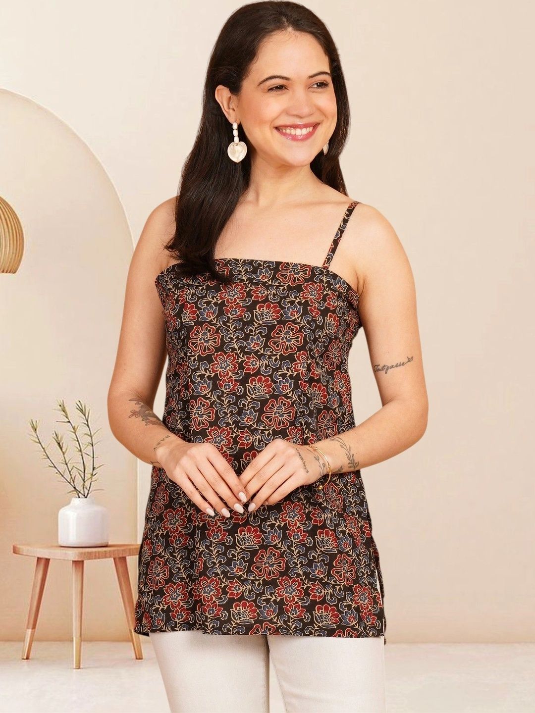 KALAMIR Floral Printed Square Neck Pure Cotton Blend Khadi Kurti-picture-12