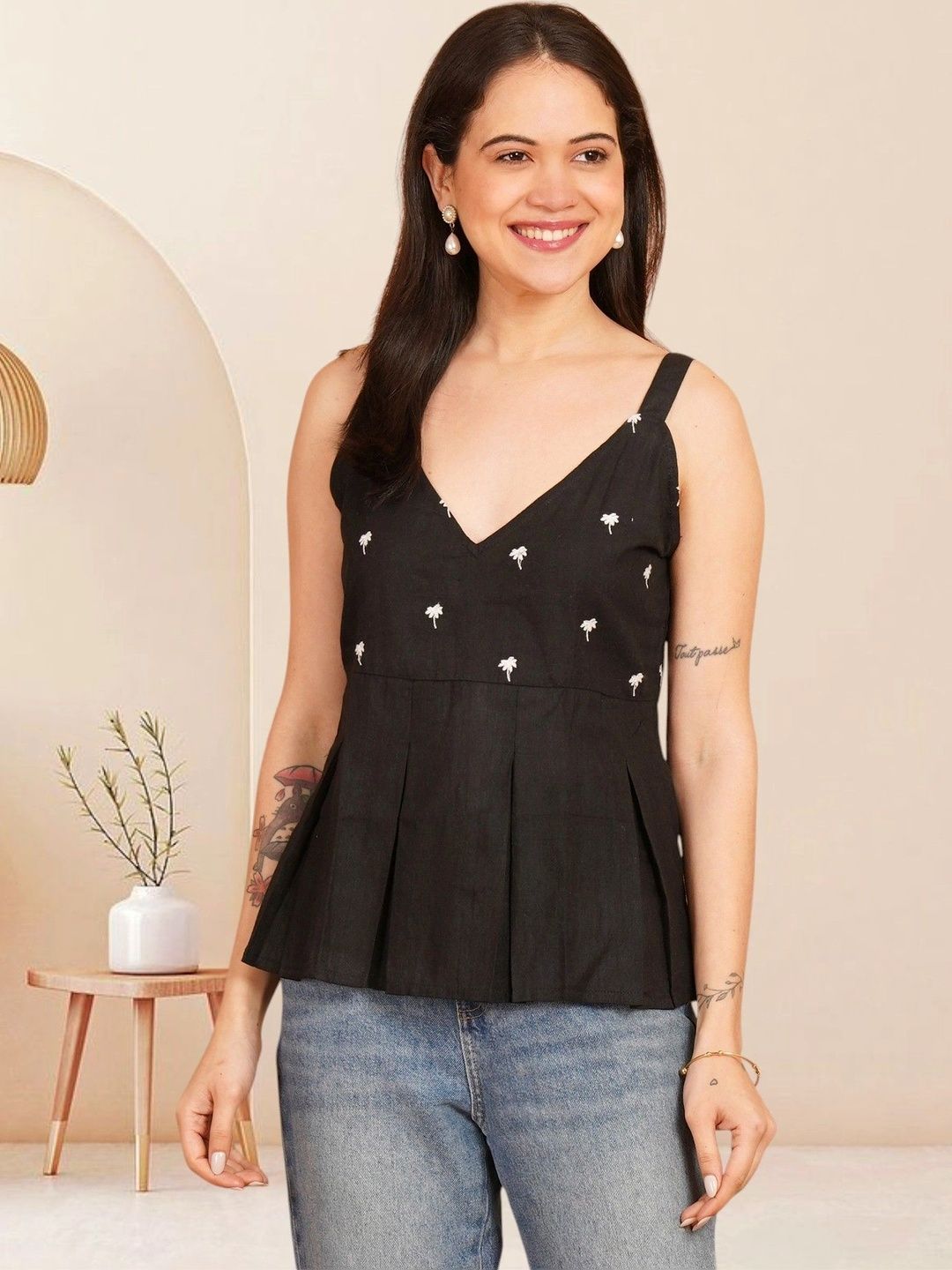 KALAMIR Botanical Embroidered V-Neck Pure Cotton Blend Khadi Pleated Kurti-picture-17