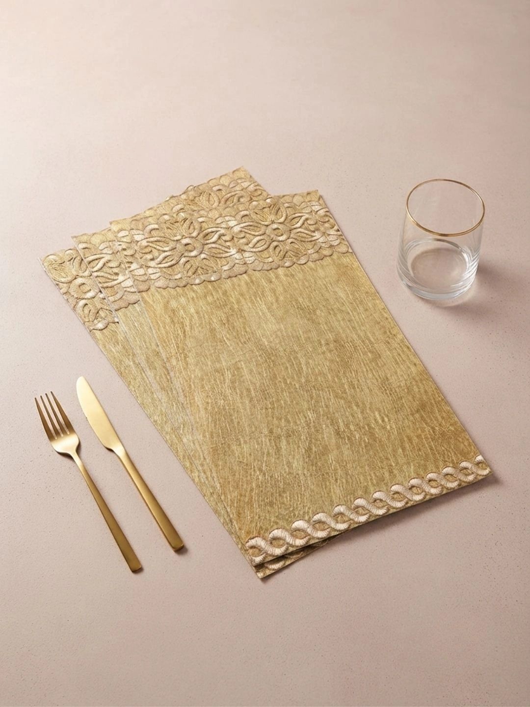 THE HOME CO. 3Pcs Beige & Brown Patterned Rectangular Table Placemats-picture-23