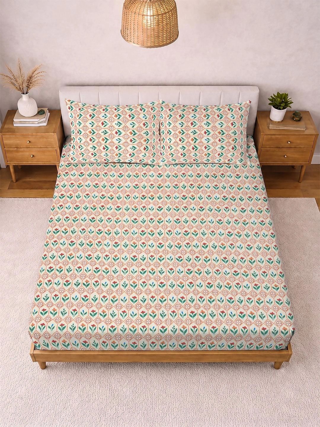 KLOTTHE Cream-Coloured & Pink Floral 300 TC King Bedsheet with 2 Pillow Covers-image-23