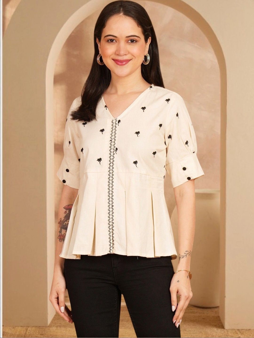 Anouk Rustic Botanical Embroidered V-Neck Pure Cotton Blend Khadi Kurti-picture-26