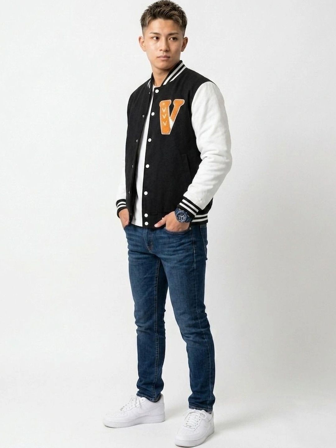 oiin Men Brand Logo Colourblocked Fleece Blend Varsity Jacket-picture-32
