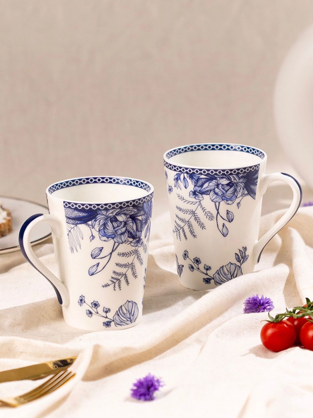 GOLDEN QUEEN'S Blue Floral Printed Bone China Glossy Mugs Set of Cups and Mugs-image-27
