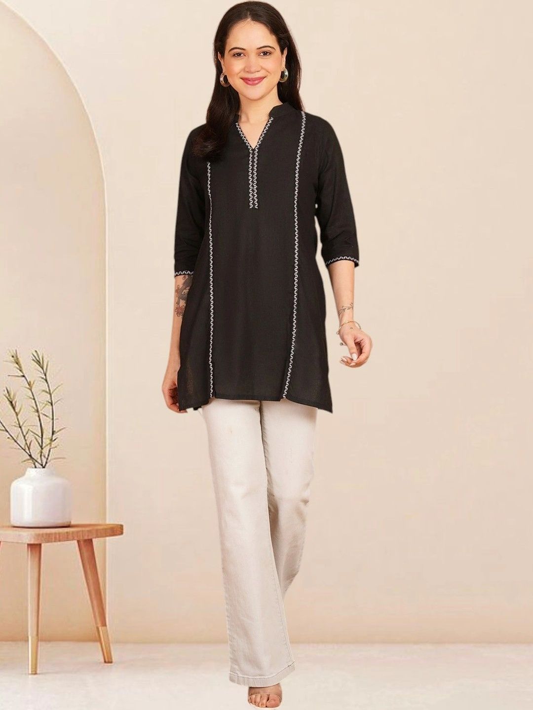 KALAMIR Embroidered V-Neck Pure Cotton Blend Khadi Kurti-picture-23