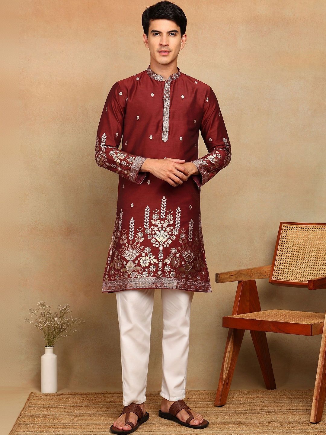 House Of Sanskruti Men Ethnic Motifs Embroidered Thread Work Grandeur & Majestic Artwork Jacquard Kurta-picture-57