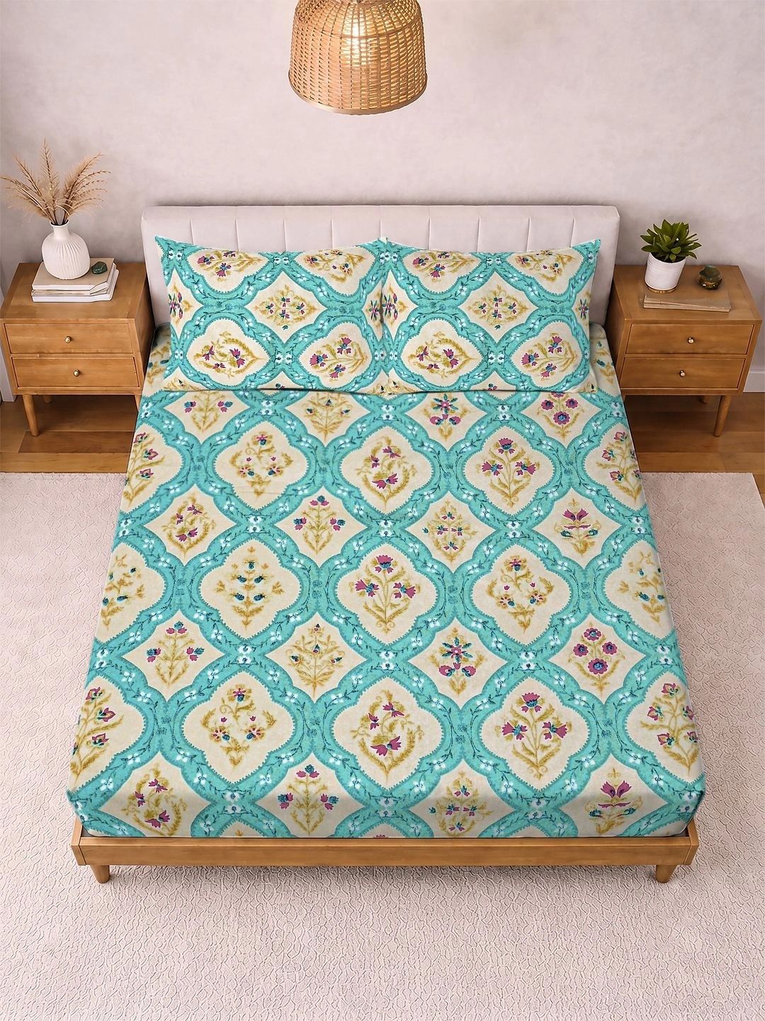 KLOTTHE Turquoise Blue Floral 300 TC King Bedsheet with 2 Pillow Covers-image-27