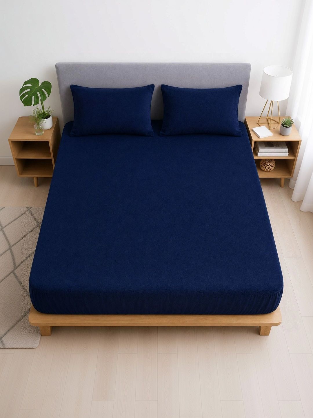 BLUEDOT Blue & Red Geometric 350 TC Velvet King Bedsheet with 2 Pillow Covers-picture-1