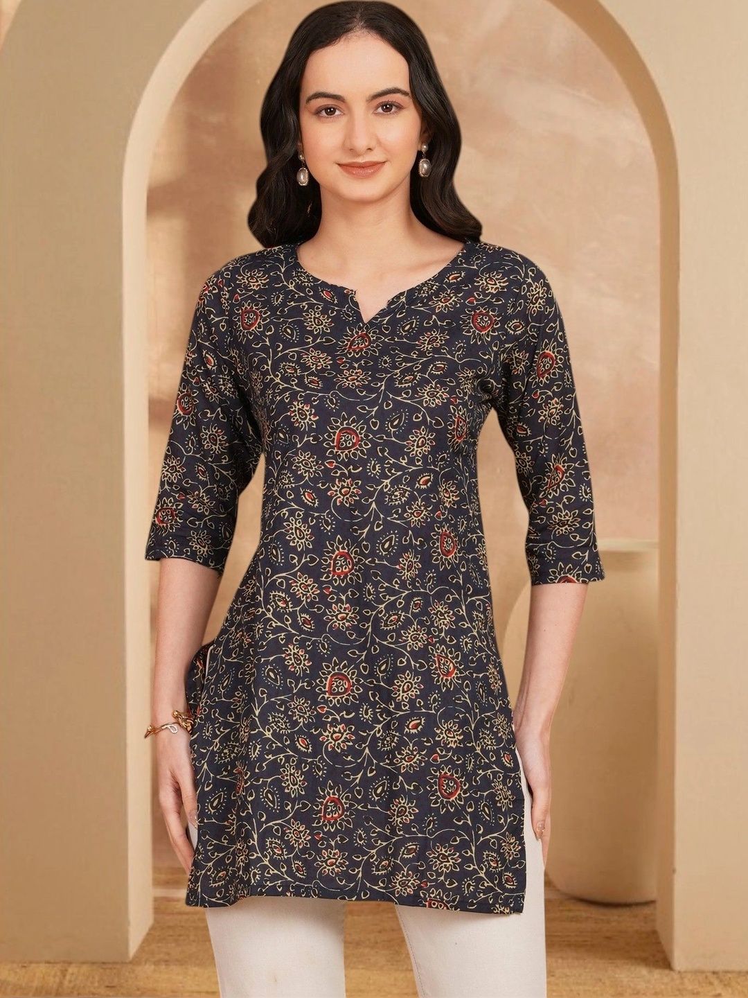 Anouk Rustic Floral Printed V-Neck Pure Cotton Blend Khadi Kurti-picture-10