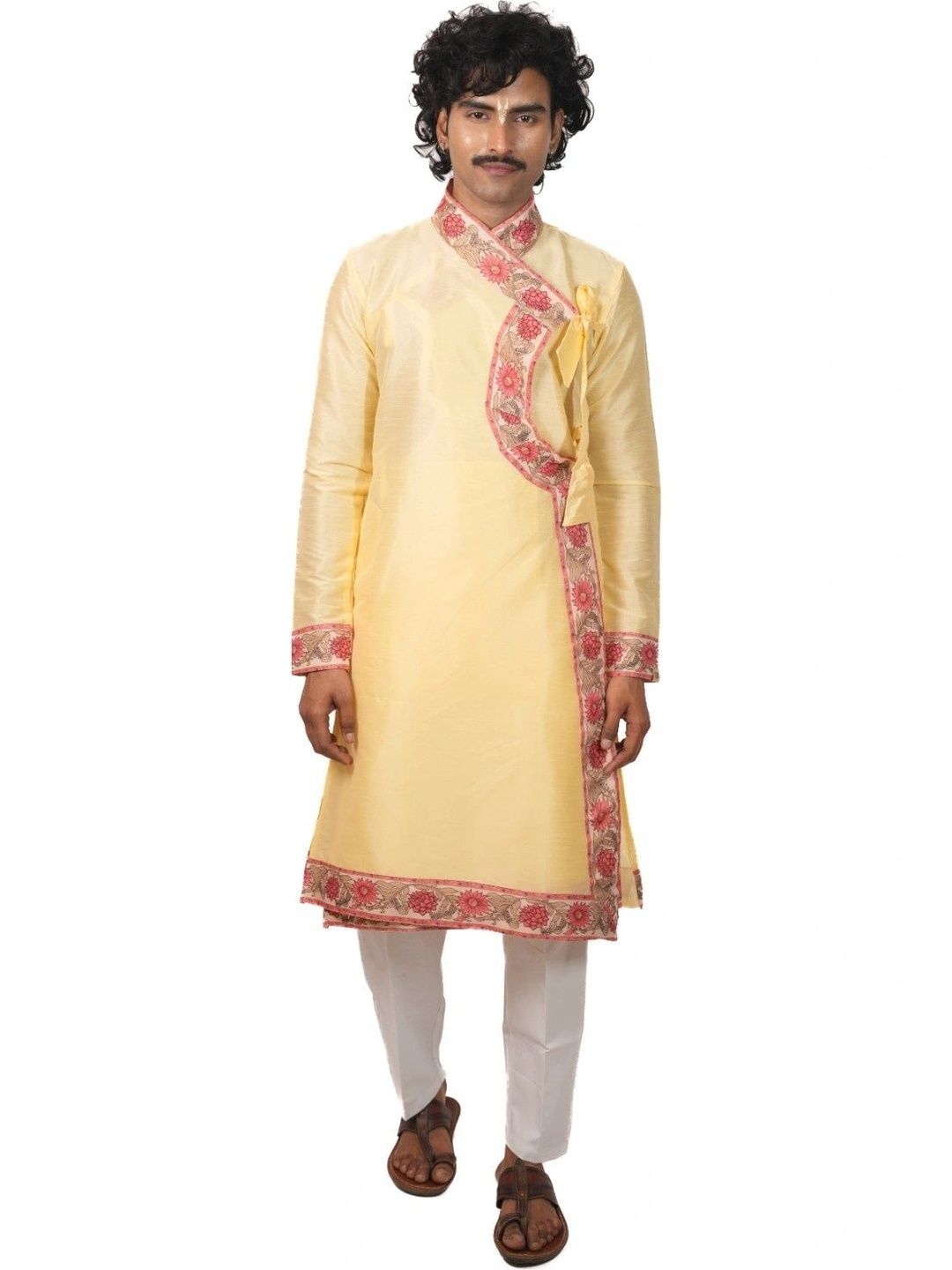 DHARniya Men Floral Embroidered Angrakha Thread Work Dupion Silk Kurta with Pyjamas-picture-42