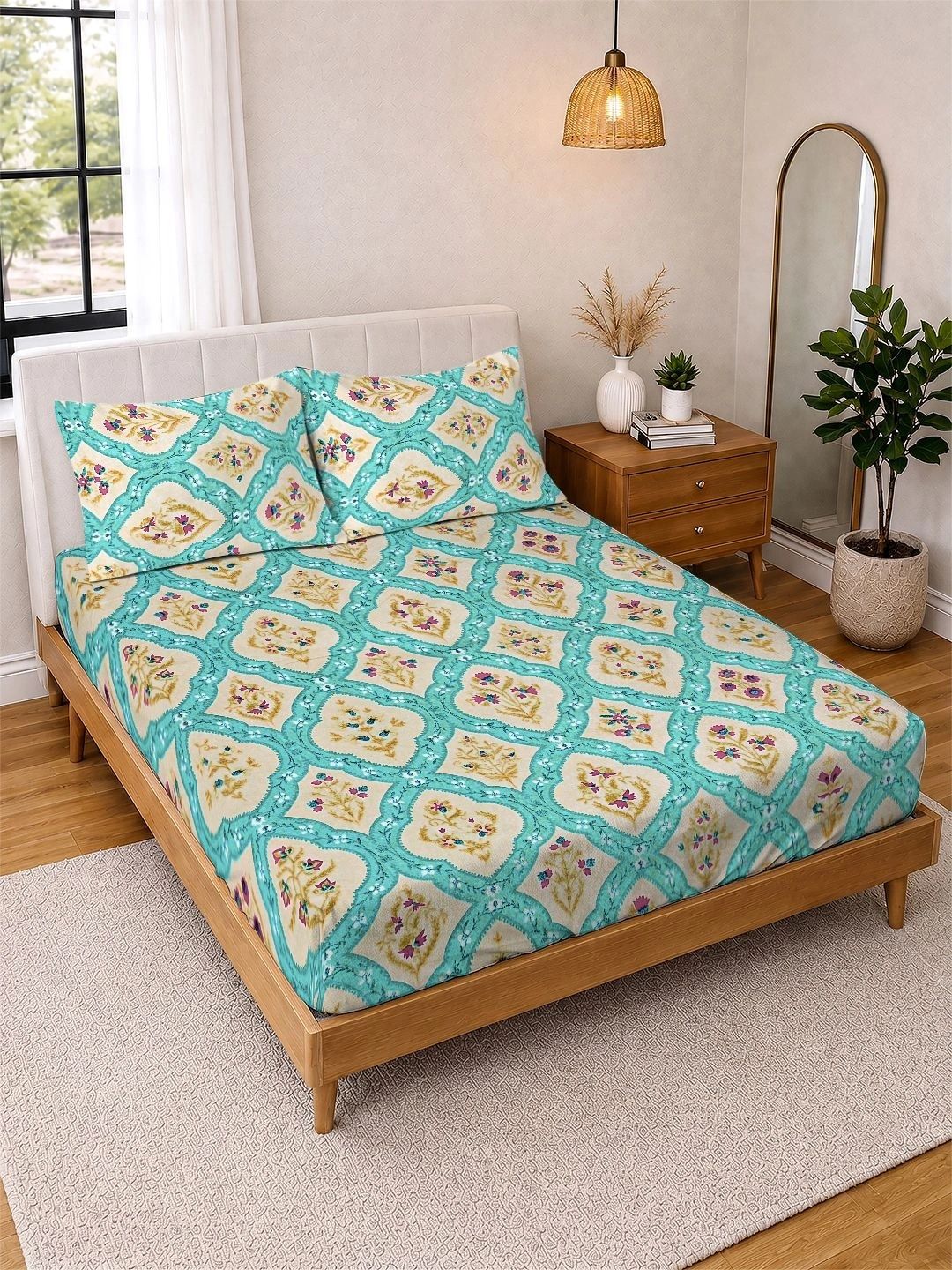 KLOTTHE Green & Yellow Floral 300 TC King Bedsheet with 2 Pillow Covers-picture-21
