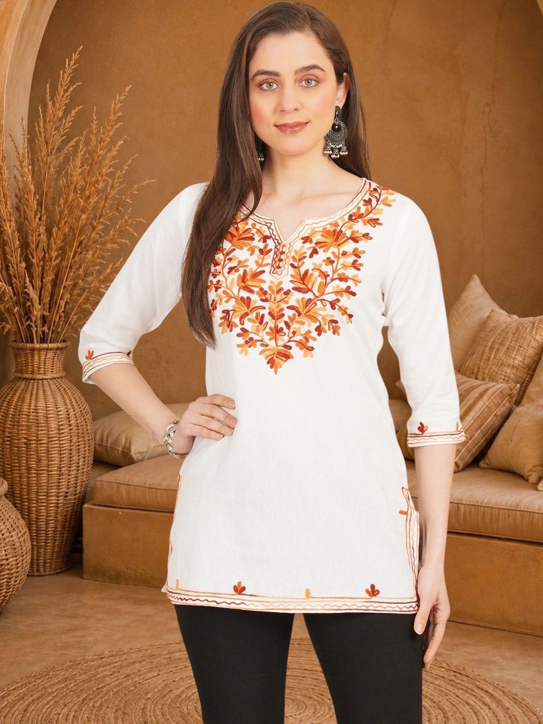 Anouk Rustic Ethnic Motifs Embroidered V-Neck Thread Work Pure Cotton Blend Khadi Thread Work Kurti-picture-48