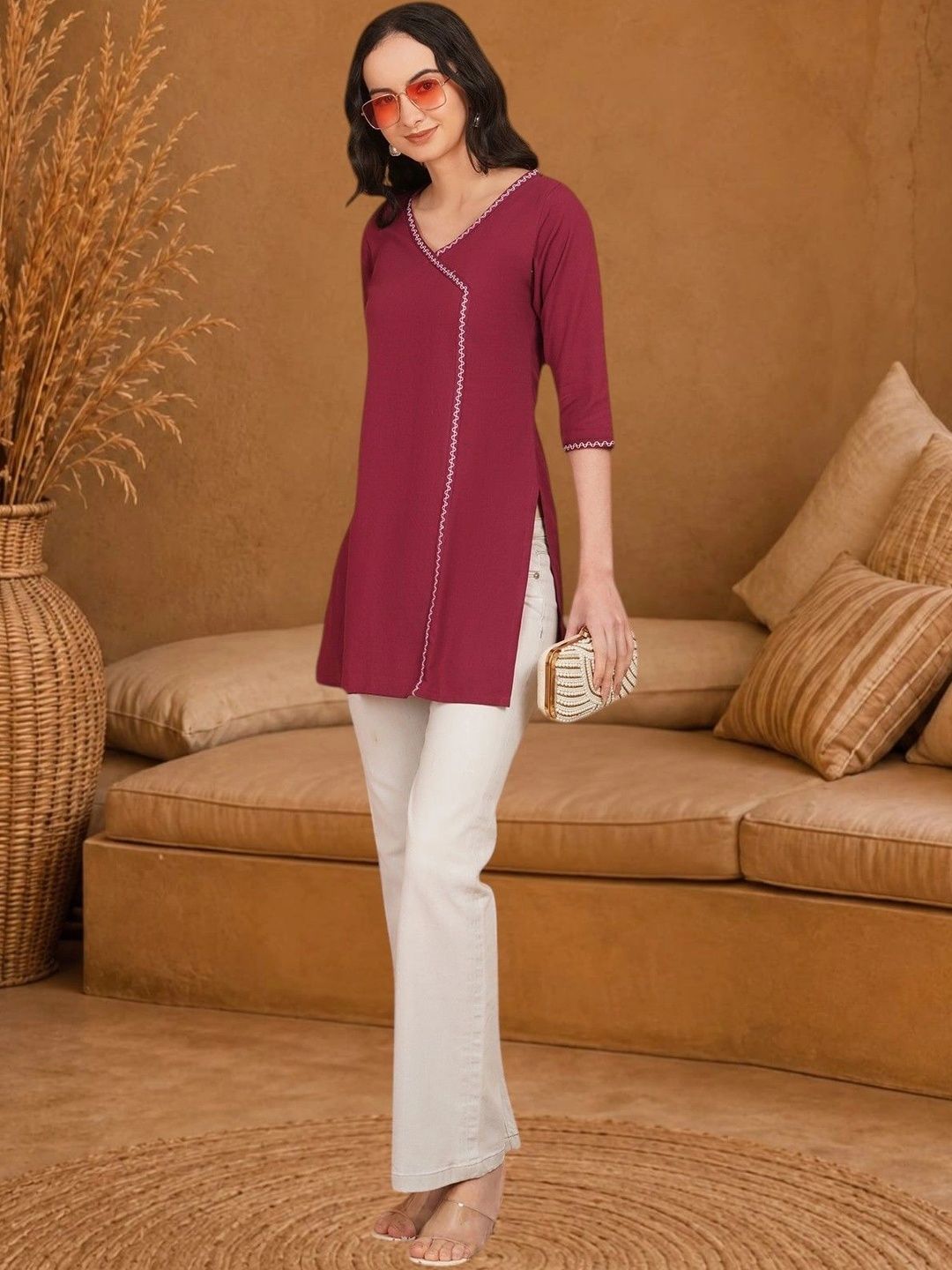 Anouk Rustic Embroidered V-Neck Pure Cotton Blend Khadi Angrakha Kurti-picture-36