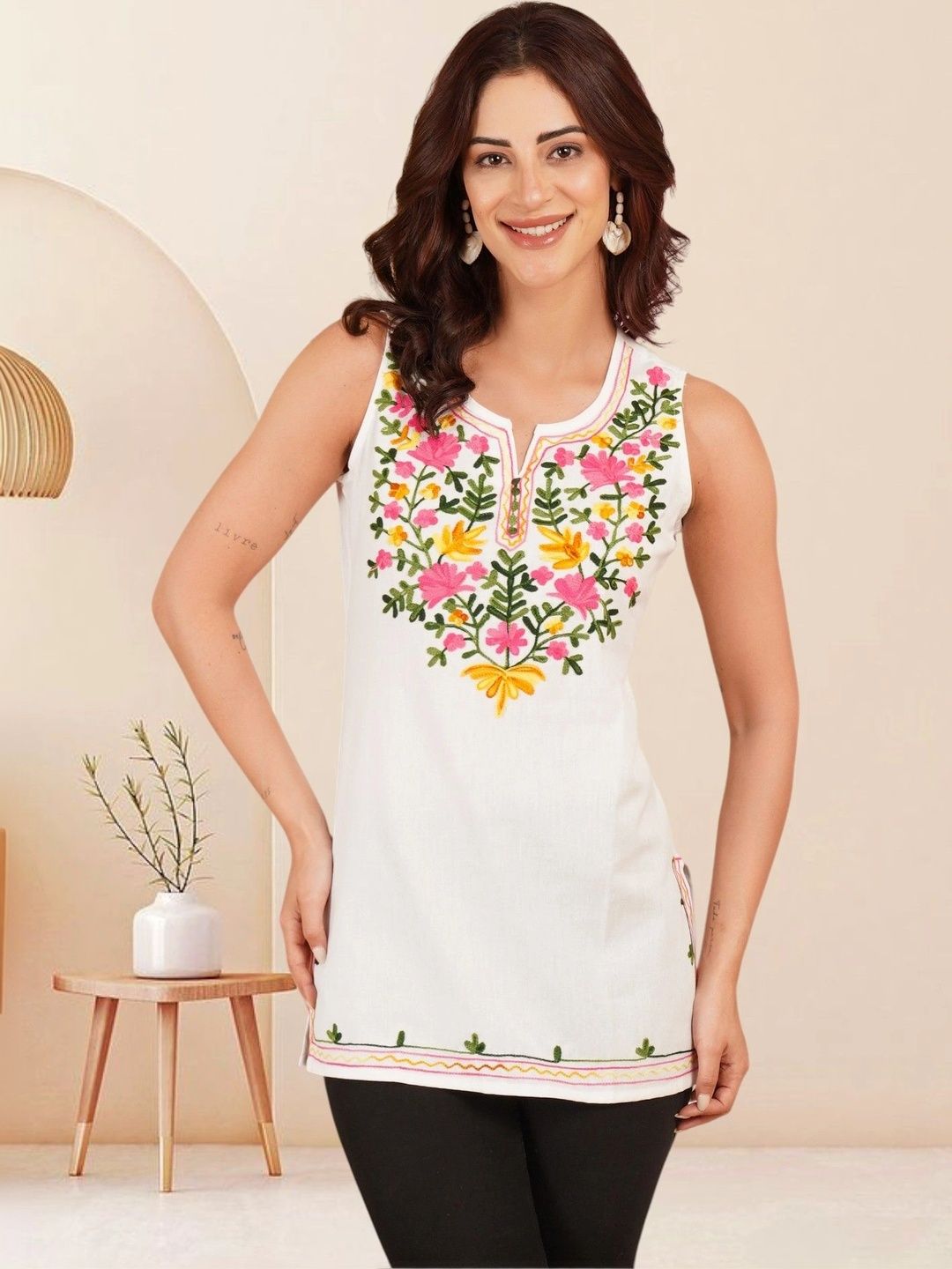 KALAMIR Floral Embroidered Pure Cotton Blend Khadi Kurti-picture-48