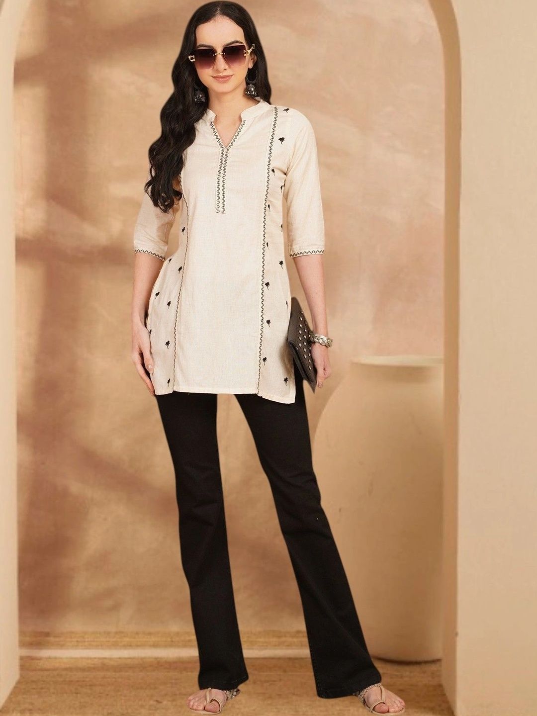 Anouk Rustic Embroidered V-Neck Pure Cotton Blend Khadi Kurti-picture-55