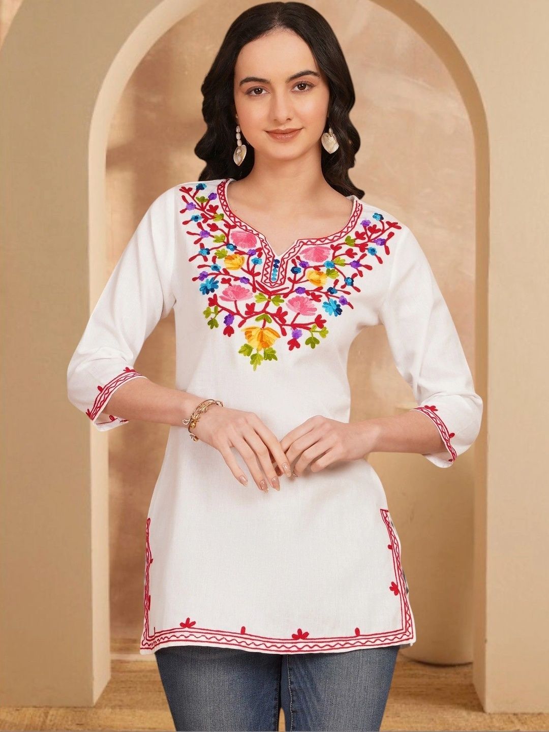 Anouk Rustic Floral Embroidered Thread Work Pure Cotton Blend Khadi Thread Work Kurti-picture-33