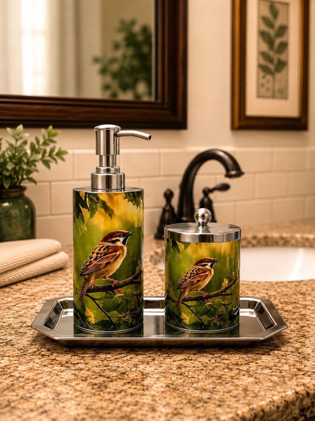 GRD INTERNATIONAL Multicoloured 3 piece Abstract Stainless Steel Bath Accessories Set-image-43
